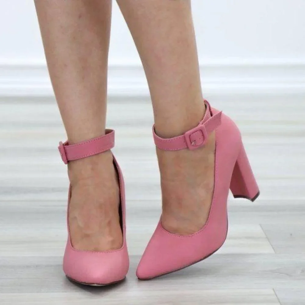Pink Pointy Toe Ankle Brace Buckle Heels - Picture 5 of 9